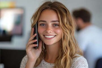 Fototapeta premium Young female entrepreneur talking on mobile phone with male colleague working in background at office, Generative AI