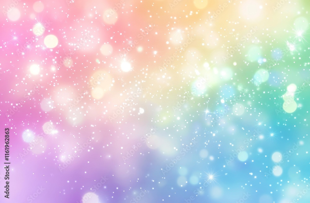 Poster pastel rainbow bokeh background with sparkles and glittering lights.