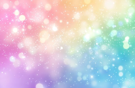 Fototapeta Pastel rainbow bokeh background with sparkles and glittering lights.