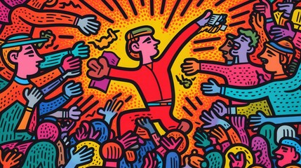 A vibrant illustration of a charismatic leader in red, surrounded by a colorful crowd, symbolizing influence and enthusiasm.