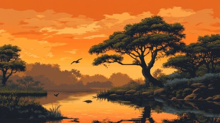 Fototapeta premium Serene Sunset Landscape With Trees And Bird In Flight