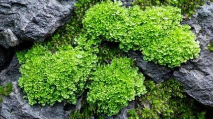 Lush Green Moss Clusters Growing On Dark Rocks