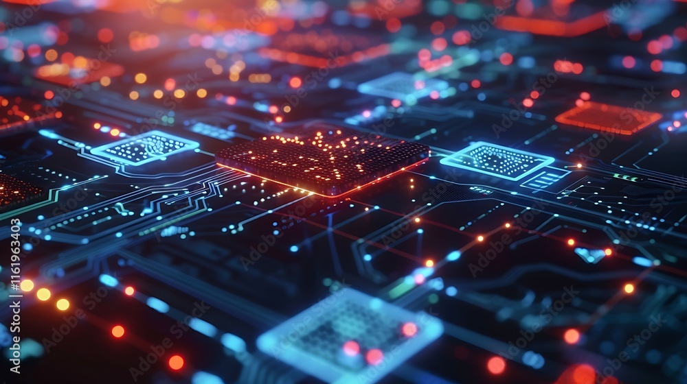 Poster close-up view of a futuristic digital circuit board with glowing microchips and intricate wiring.