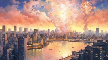 Obraz premium A vibrant city skyline illuminated by colorful fireworks above a shimmering river at sunset.