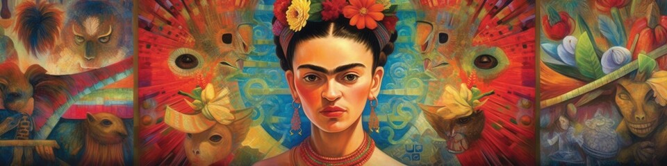 Obraz premium Colorful portrait of a young Hispanic woman with bold features and floral adornments, radiating strength and cultural vibrancy.