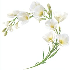 Fototapeta premium Elegant white flowers arranged in a graceful curve on a white background.