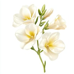 Elegant bouquet of creamy white freesia flowers isolated on white background.