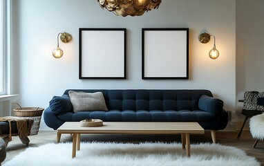 Modern living room interior with blue sofa, two blank frames, and light wood coffee table.
