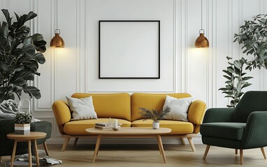 Modern living room interior with yellow sofa, green armchair, coffee table, and blank frame.