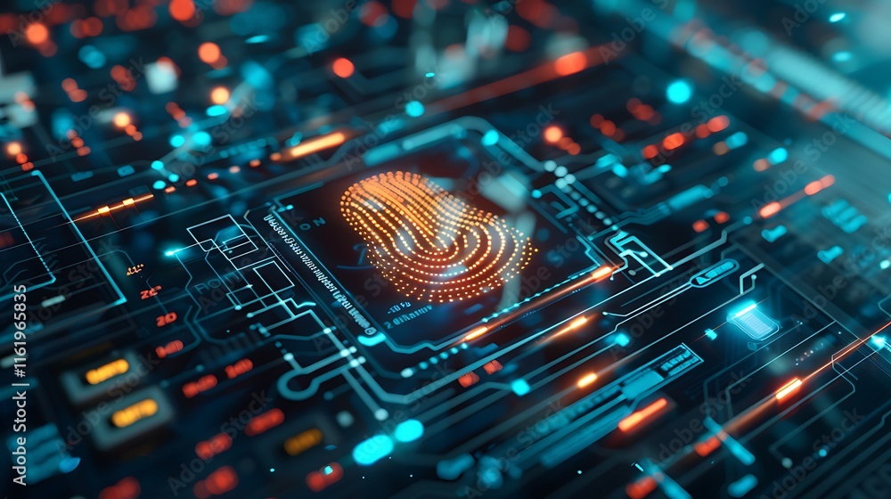 Poster futuristic digital fingerprint authentication system, highlighting advanced biometric security techn