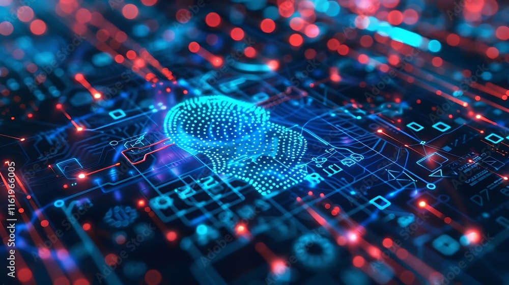 Poster abstract digital representation of a human brain integrated into a complex circuit board. symbolizes