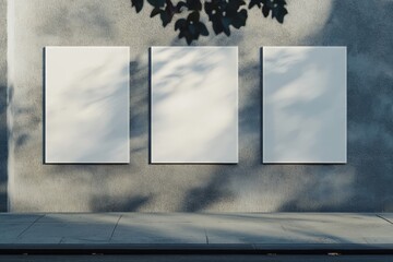 Three blank vertical posters mounted on a gray concrete wall outdoors, with tree shade.