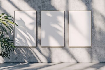 Three blank vertical frames on a concrete wall with plant and shadows.