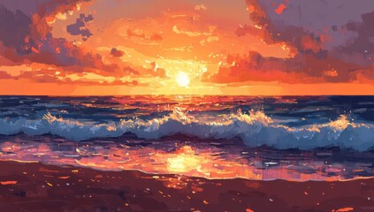 Vibrant sunset over ocean waves crashing on beach.