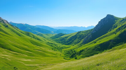 Fototapeta premium Vast green valley under clear blue sky, natural beauty