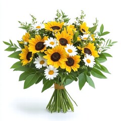 Beautiful bouquet of yellow sunflowers and white daisies for valentine's day on white background