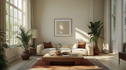 Fototapeta premium Sunlit living room with beige sofa, wooden coffee table, plants, and large windows.