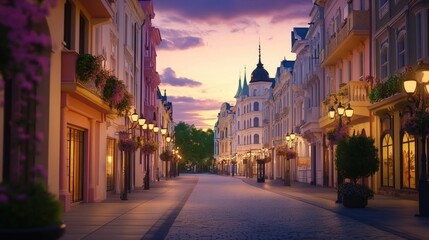 Obraz premium Twilight Street Scene European Style Buildings