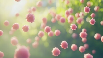 Microscopic pink cells floating in sunlight, green bokeh background.