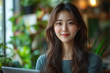 A woman with long brown hair is sitting in front of a laptop. Generative AI