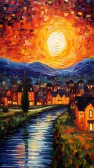 A vibrant sunset over a serene river, casting a warm glow on the colorful homes in this painted landscape.