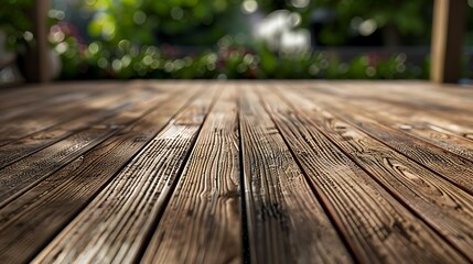 Wooden table in the garden with blurred background, vintage style.