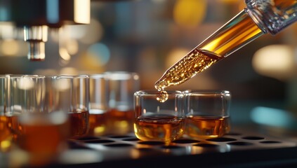 Amber liquid being dispensed into small glass vials in a laboratory setting.