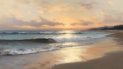 Obraz premium A serene beach scene at sunset, with gentle waves and soft golden hues reflecting on the wet sand.