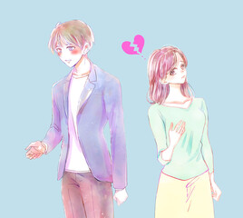 嬉しそうな男性と失恋した女性