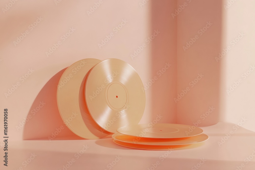 Poster vintage 3d vinyl records arranged on a softly lit pastel background with ample copy space for text. 
