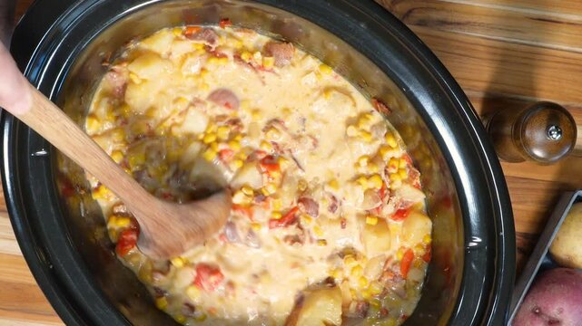 Cooking Corn Chowder for a week night meal. Preparing dinner with lots of ingredients like corn, cream, bacon, potatoes and onions.  Sizzling bacon in a skillet.