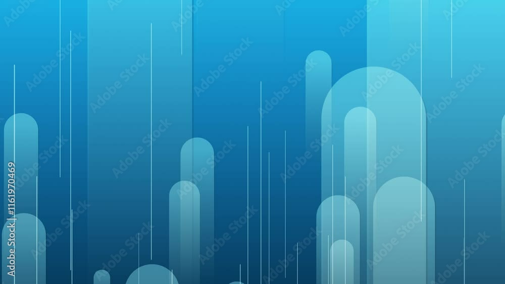 Poster blue lines and shapes are moving from the bottom middle of a gradient abstract background, horizonta