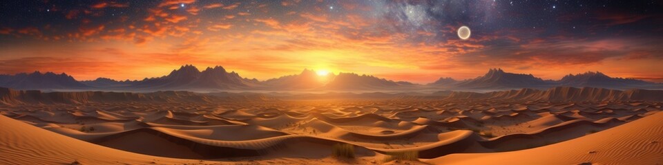 A breathtaking desert landscape at sunset, featuring rolling sand dunes and a starry sky set against vibrant colors.