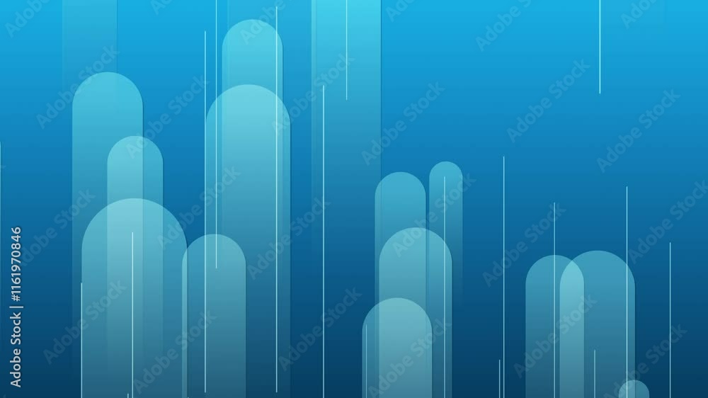 Poster blue lines and shapes are moving from the bottom middle of a gradient abstract background, horizonta