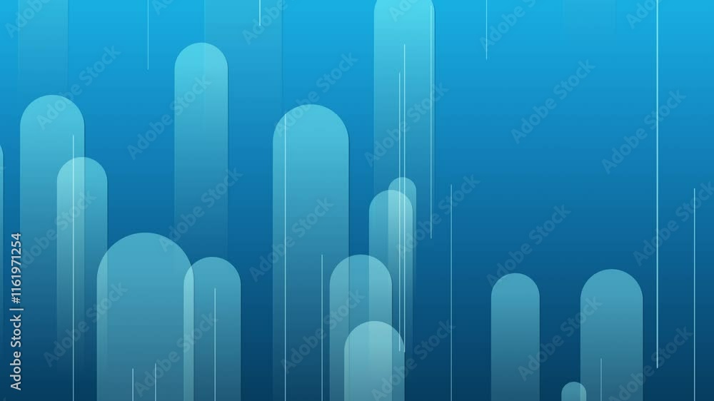 Poster blue lines and shapes are moving from the bottom middle of a gradient abstract background, horizonta