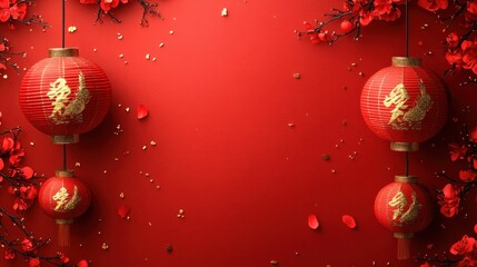 Red lanterns, flowers, and confetti on red background.