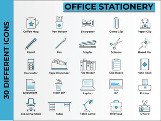 30 Blue themed Sticker Look Office Stationery Icons