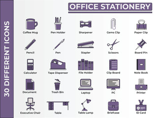 30 Purple themed Sticker Look Office Stationery Icons