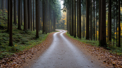 Fototapeta premium winding road through serene forest with tall trees and fallen leaves