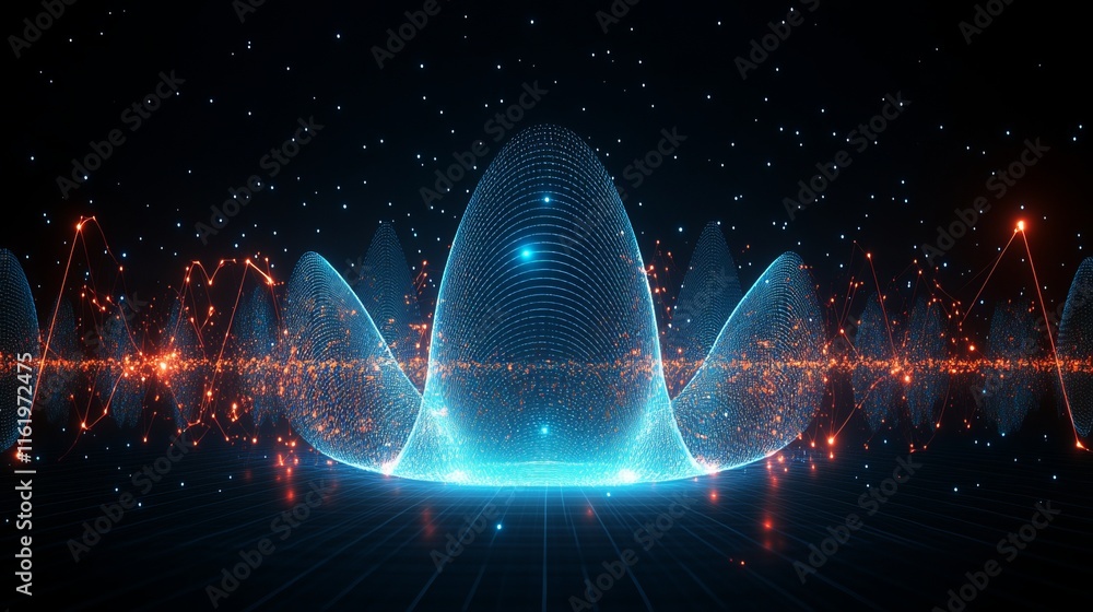 Poster abstract data visualization neon waveforms and grid