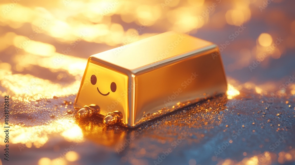 Poster a cheerful gold bar with a smile sits on a shimmering surface, reflecting warm light and creating a 