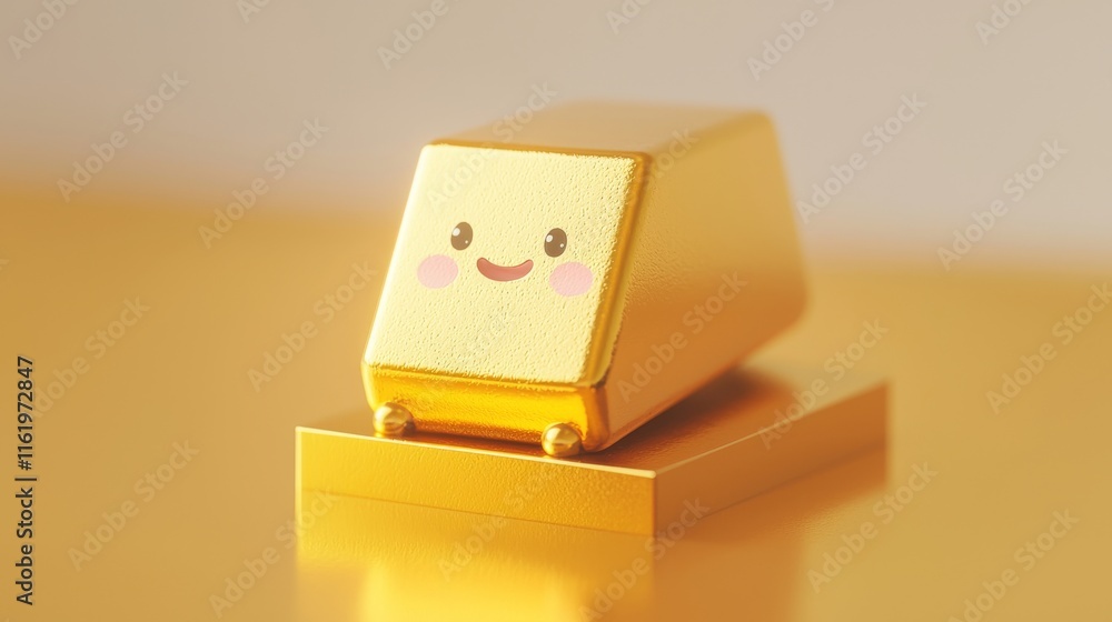 Poster a cheerful golden bar with a smiling face sits on a shiny surface, radiating a playful and whimsical