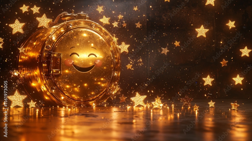 Poster a cheerful golden coin with a smiling face surrounded by sparkling stars, creating a whimsical and j