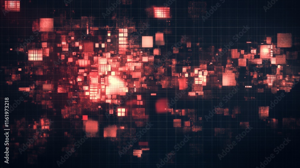 Poster abstract digital data stream red squares network