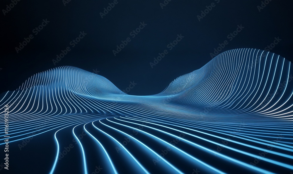Poster abstract blue wave pattern with glowing lines on a dark background.