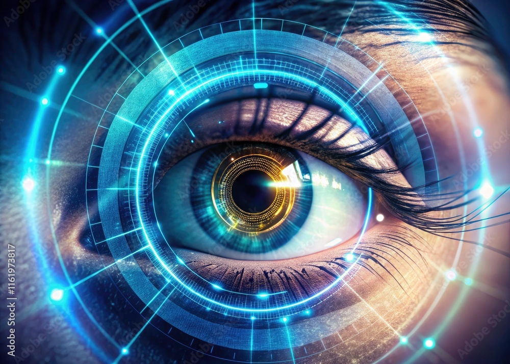 Poster futuristic biometric eye scan unlocks ai drone photography, processed by a neural network hologram f