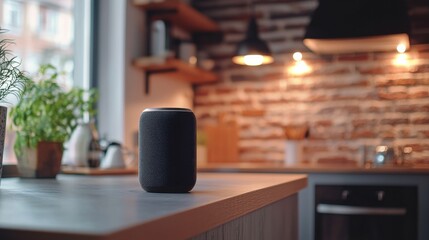 A sleek smart speaker sits on a kitchen counter with a modern design, surrounded by warm lighting and a brick wall.