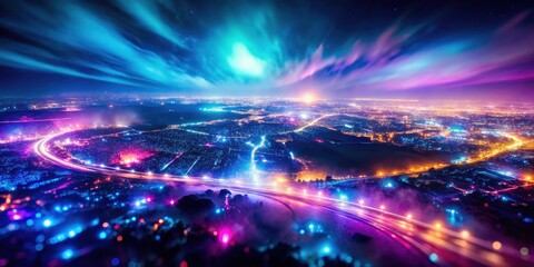 Obraz premium Glowing lights illuminate a blue-purple banner against a dark, grunge textured background with an acid-wash gradient.