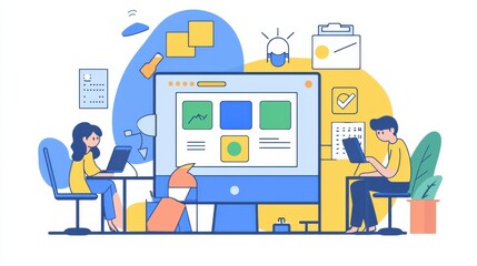 Fototapeta premium A vibrant illustration of two people working on laptops, featuring colorful elements like charts, notes, and a cat, representing a modern workspace.