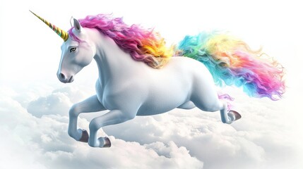 Naklejka premium A vibrant unicorn with a rainbow mane leaps through fluffy clouds, embodying magic and whimsy in a fantastical landscape.